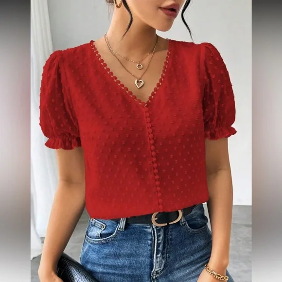 Elegant Burgundy Swiss Dot Puff Sleeve Top - Picture 1 of 16